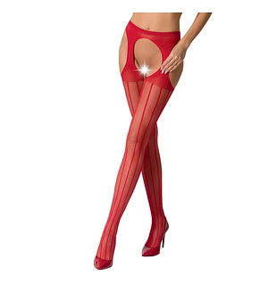 Сітчасті панчохи-стокінги Passion S018 One Size, Red, імітація пояса, сітка з вертикальними смужками