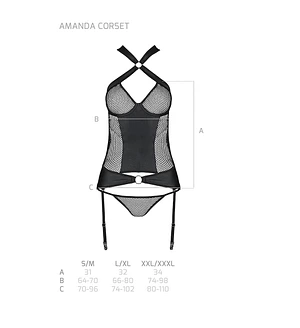 Сітчастий комплект корсет з халтером, зйомні підв'язки і трусики Passion AMANDA CORSET 2XL/3XL black