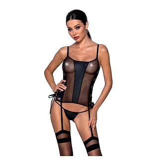 Сітчастий корсет з люверсами та знімними пажами Passion MALWIA CORSET L/XL black, екошкіра, стрінги