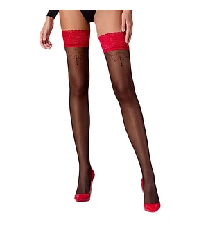 Панчохи Passion ST120 1/2 black-red, на ажурній силіконовій резинці, з вишуканим декором та люре