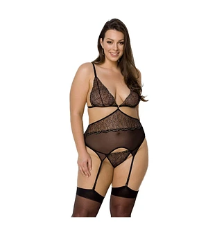 Корсет із пажами Passion AMBERLY CORSET , black, асиметричний крій, мережива, стрінги