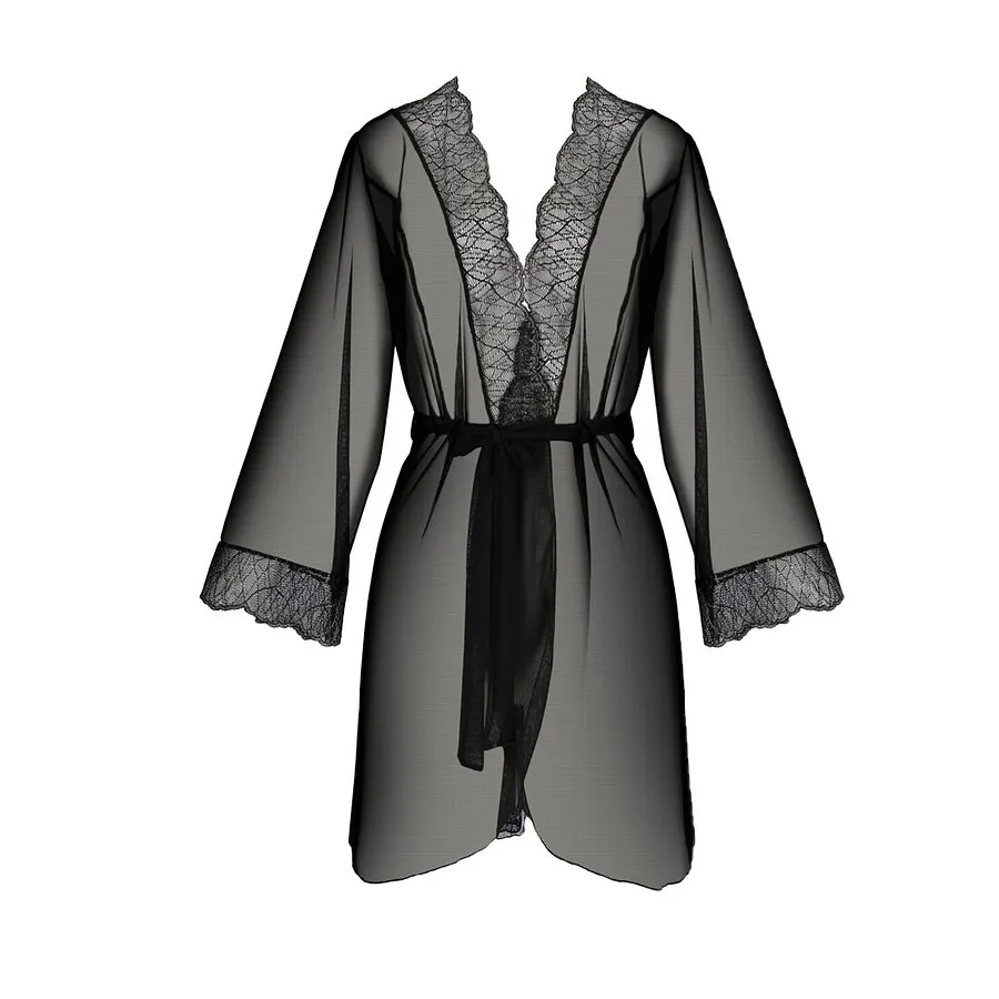 Пеньюар Passion AMBERLY PEIGNOIR , black, ажурні декольте та манжети, широкі рукави