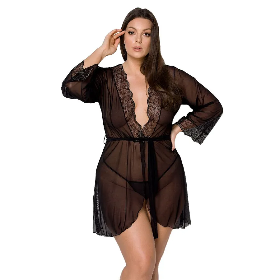 Пеньюар Passion AMBERLY PEIGNOIR , black, ажурні декольте та манжети, широкі рукави
