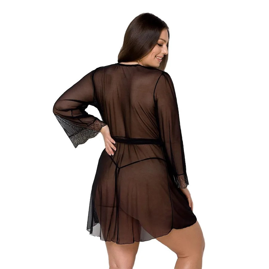 Пеньюар Passion AMBERLY PEIGNOIR , black, ажурні декольте та манжети, широкі рукави