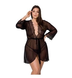 Пеньюар Passion AMBERLY PEIGNOIR , black, ажурні декольте та манжети, широкі рукави