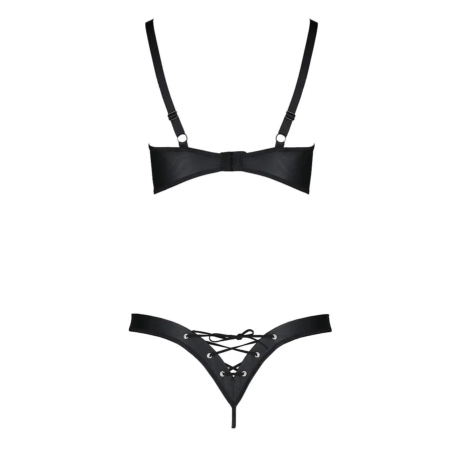 Комплект з екошкіри Passion CELINE BIKINI , відкритий бра, стрінги зі шнурівкою