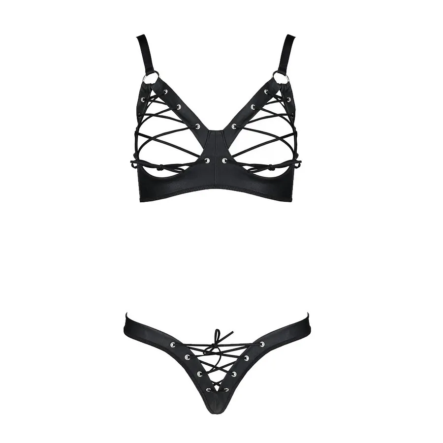 Комплект з екошкіри Passion CELINE BIKINI , відкритий бра, стрінги зі шнурівкою