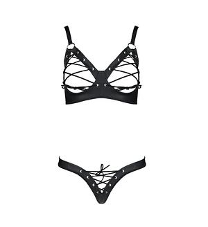 Комплект з екошкіри Passion CELINE BIKINI , відкритий бра, стрінги зі шнурівкою