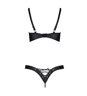 Комплект з екошкіри Passion CELINE BIKINI , відкритий бра, стрінги зі шнурівкою