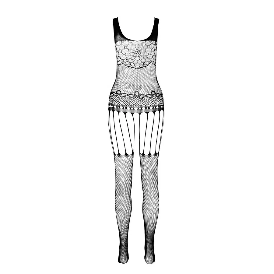Бодістокінг Passion ECO BS001 One Size black, з доступом, імітація підв’язок, флористичний декор