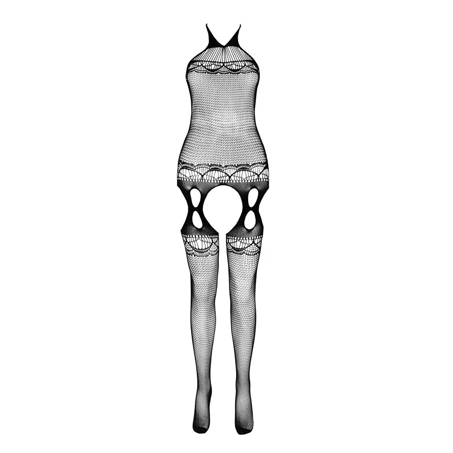 Бодістокінг Passion ECO BS006 black, з доступом, халтер, імітація підв’язок