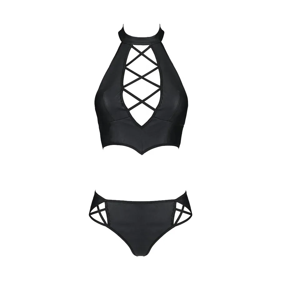 Комплект з екошкіри Passion NANCY BIKINI , бра та трусики з імітацією шнурівки