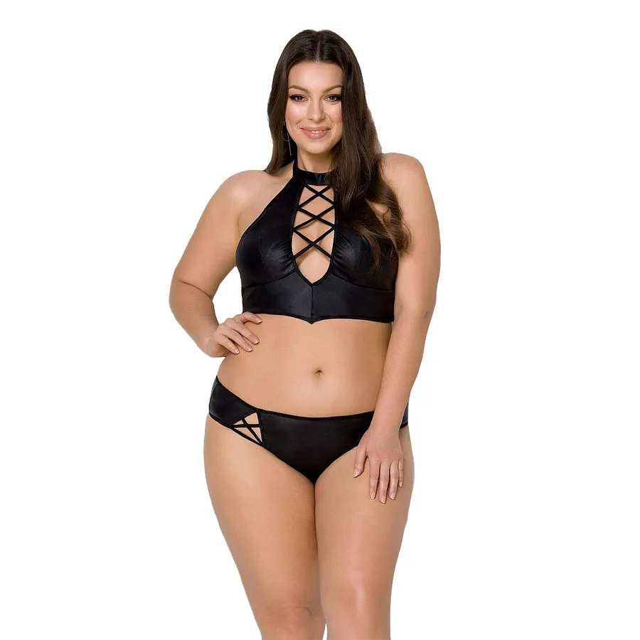 Комплект з екошкіри Passion NANCY BIKINI , бра та трусики з імітацією шнурівки