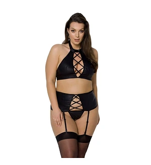 Комплект із екошкіри Passion NANCY SET 6XL/7XL black, імітація шнурівки, топ, пояс для панчіх