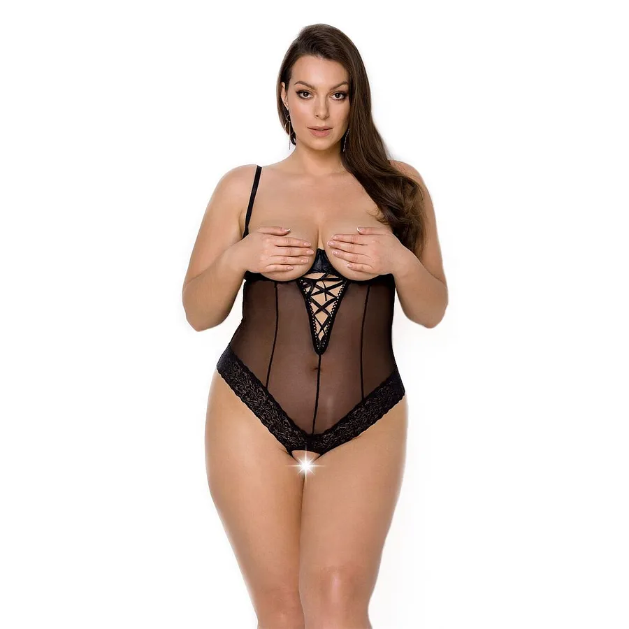 Боді Passion Exclusive NORTH BODY black, відкриті груди, з доступом, вініл та мережива