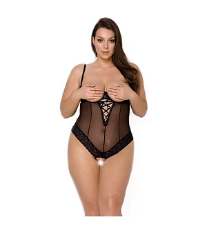 Боді Passion Exclusive NORTH BODY black, відкриті груди, з доступом, вініл та мережива