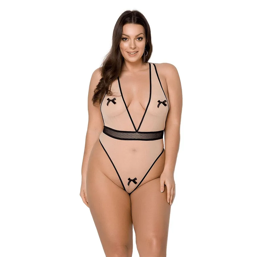 Боді Passion VIENA BODY , beige, контрастне, бантики, вставка-сітка, відкриті сідниці