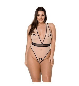 Боді Passion VIENA BODY , beige, контрастне, бантики, вставка-сітка, відкриті сідниці