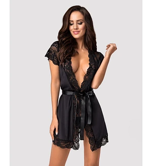 Сатиновий відкритий пеньюар на поясі Obsessive 810-PEI–1 peignoir black 2XL/3XL, чорний