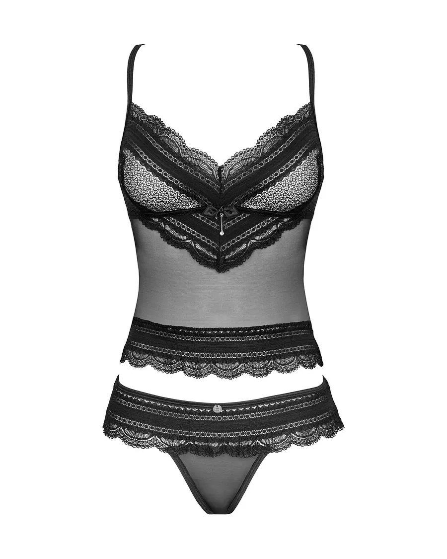 Напівпрозорий набір з прикрасами Obsessive Ivannes top & thong , чорний, топ та танга
