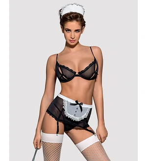 Еротичний костюм покоївки Obsessive Maidme set 5pcs L/XL, бюстгальтер, пояс з фартухом, панчохи, стр