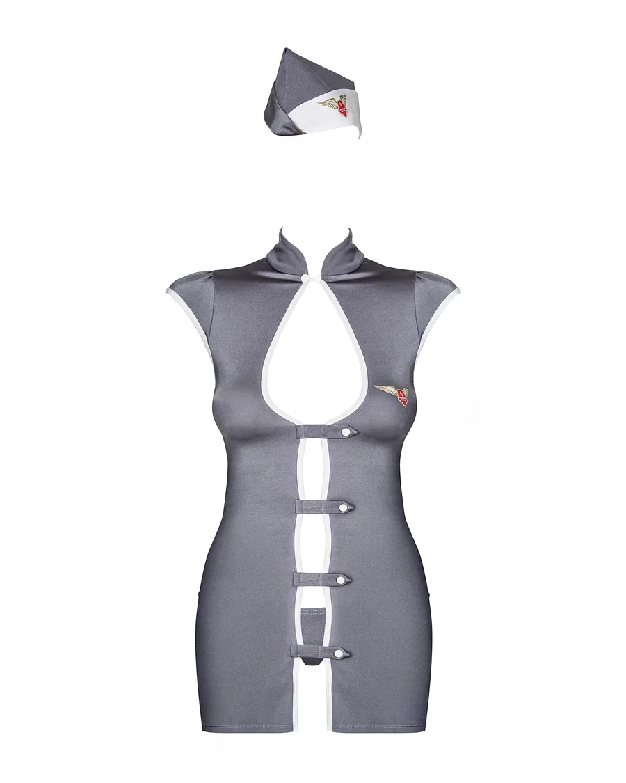 Еротичний костюм стюардеси Obsessive Stewardess 3 pcs , сірий, сукня, стрінги, пілотка