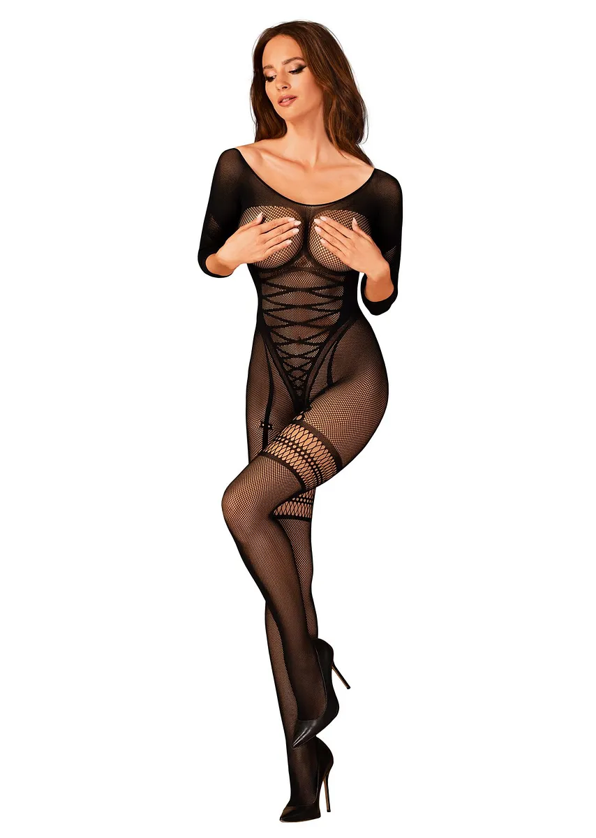Сітчастий бодістокінг з імітацією підв’язок Obsessive Bodystocking G329 S/M/L, black, з доступом
