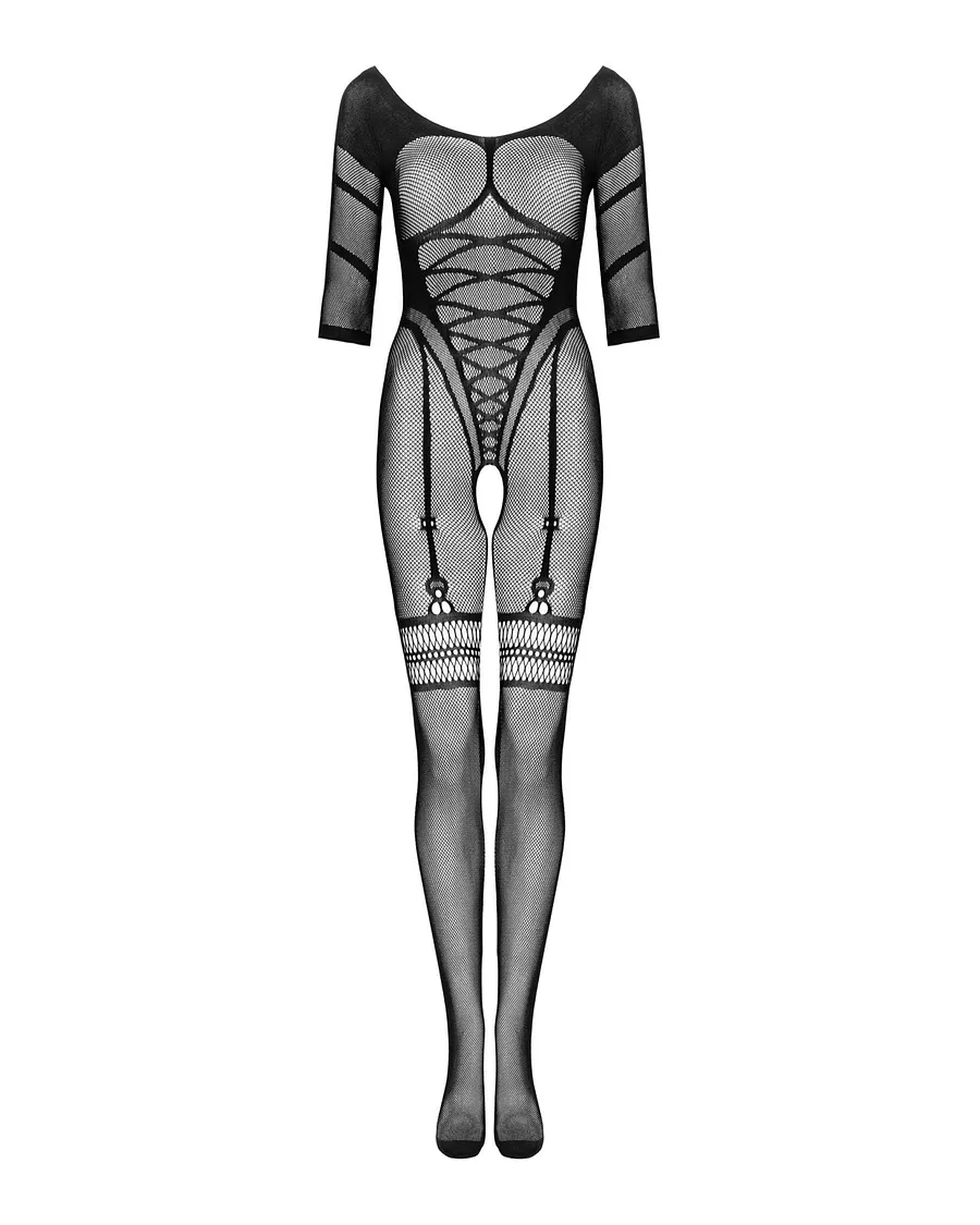 Сітчастий бодістокінг з імітацією підв’язок Obsessive Bodystocking G329 XL/XXL, black, з доступом