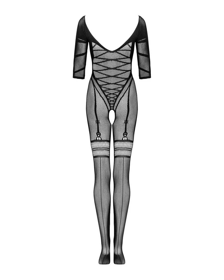 Сітчастий бодістокінг з імітацією підв’язок Obsessive Bodystocking G329 XL/XXL, black, з доступом