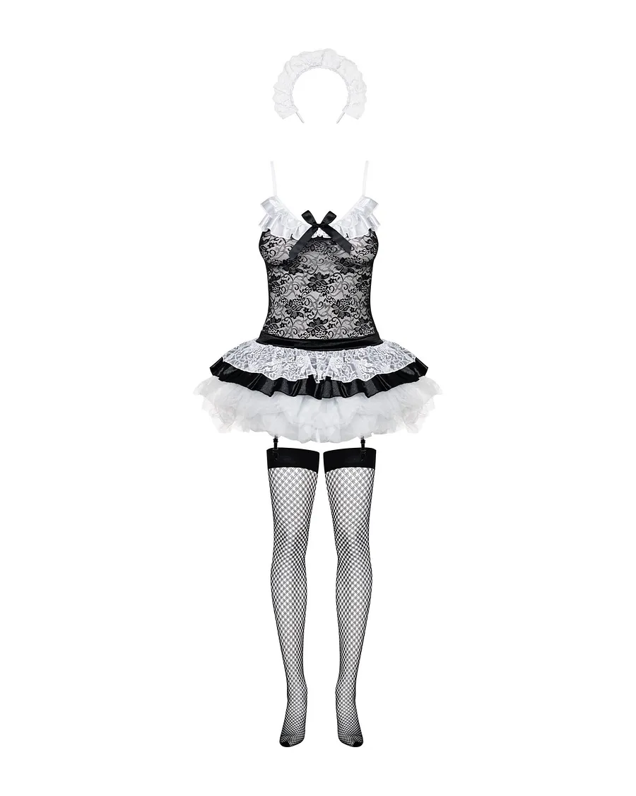 Еротичний костюм покоївки зі спідницею Obsessive Housemaid 5 pcs costume S/M, black, топ, спідниця, стринги, пов'язка на голову, п