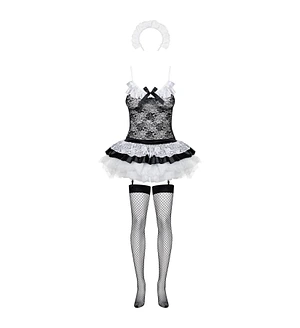 Еротичний костюм покоївки зі спідницею Obsessive Housemaid 5 pcs costume S/M, black, топ, спідниця, стринги, пов'язка на голову, п