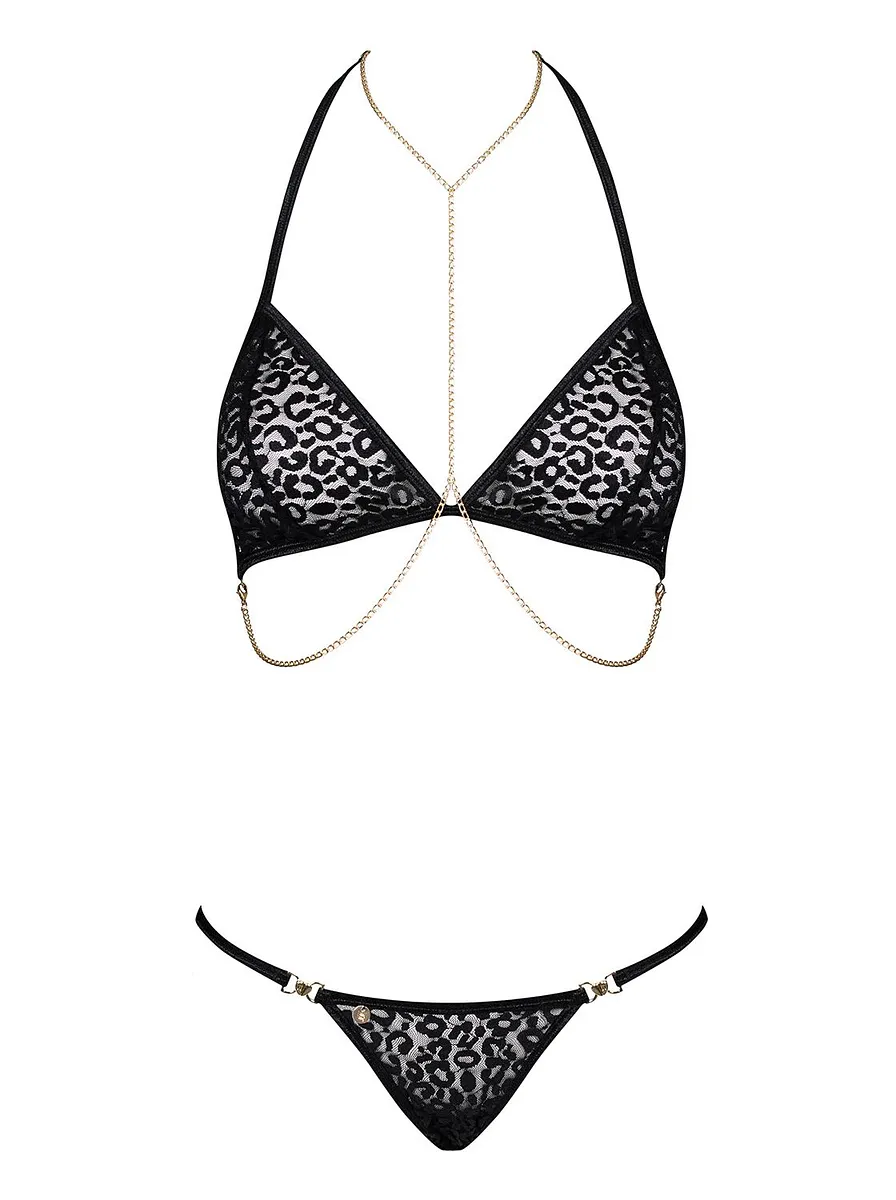 Комплект із ланцюжками Obsessive Pantheria 2-pcs set black , бюстгальтер, трусики