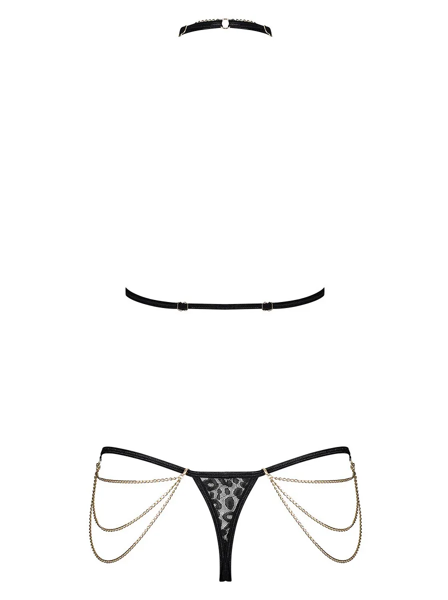 Комплект із ланцюжками Obsessive Pantheria 2-pcs set black , бюстгальтер, трусики