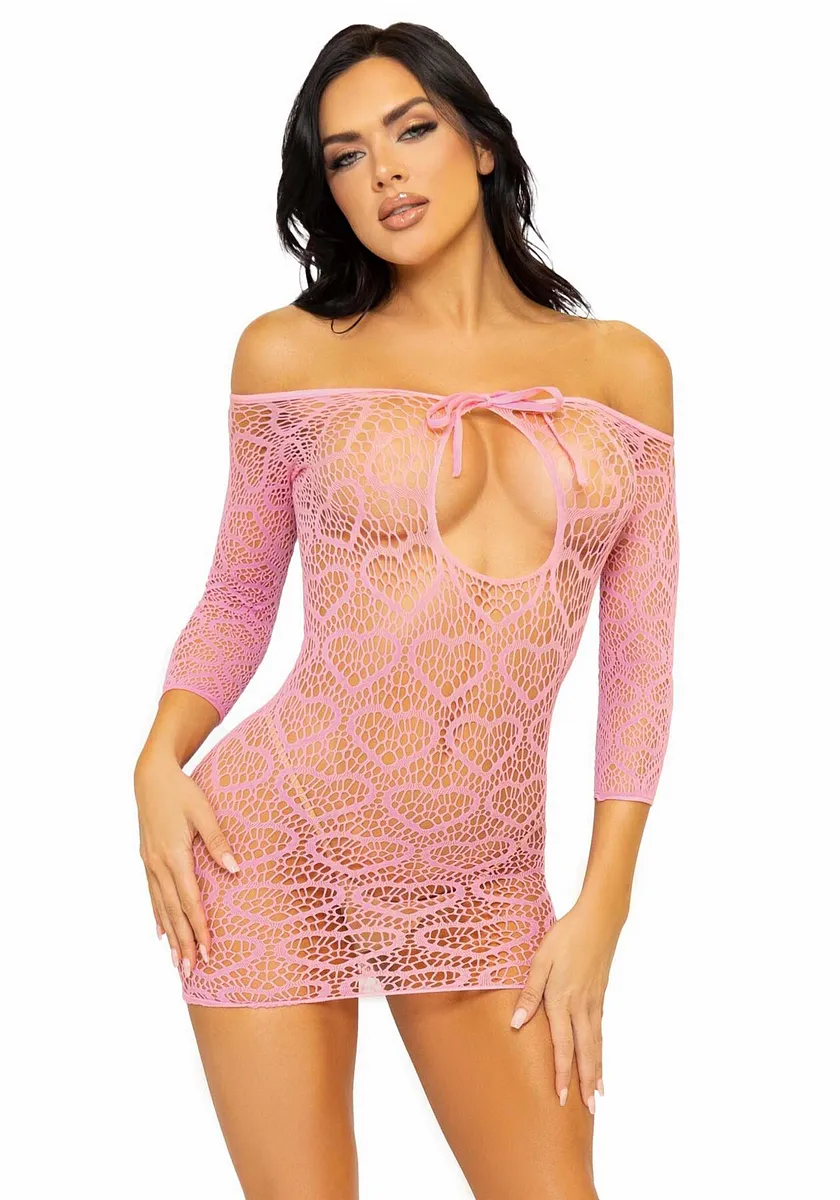 Сукня-сітка з сердечками Leg Avenue Heart net mini dress , зав’язки, відкриті плечі, one size