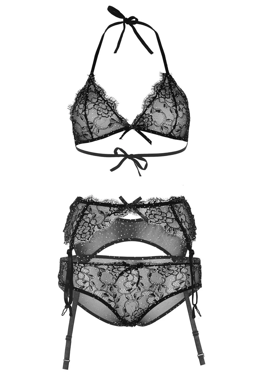 Мереживний комплект зі стразами Leg Avenue Bright Lights Rhinestone (трусики, бра, пояс для панчіх
