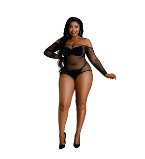 Сітчасте боді зі стразами Moonlight Plus Model 09 XL-XXXL Black, відкриті плечі
