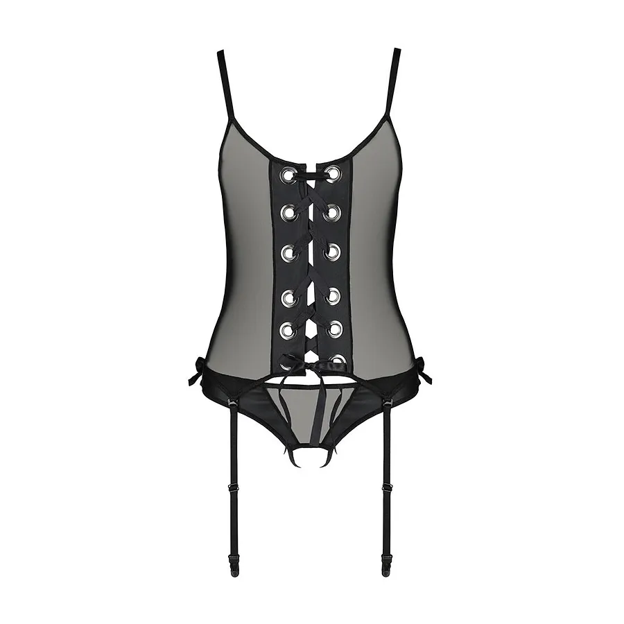 Корсет зі шнурівкою Passion NESSY CORSET black, стрінги з відкритим доступом, пажі для панчіх