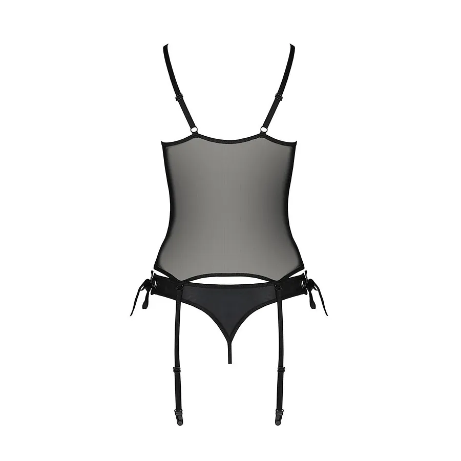 Корсет зі шнурівкою Passion NESSY CORSET black, стрінги з відкритим доступом, пажі для панчіх