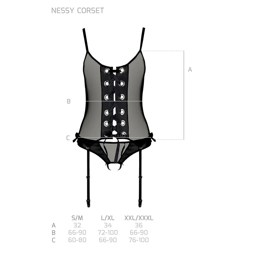 Корсет зі шнурівкою Passion NESSY CORSET black, стрінги з відкритим доступом, пажі для панчіх