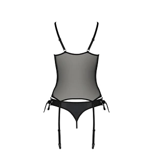 Корсет зі шнурівкою Passion NESSY CORSET black, стрінги з відкритим доступом, пажі для панчіх