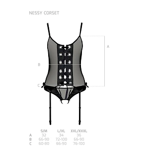 Корсет зі шнурівкою Passion NESSY CORSET black, стрінги з відкритим доступом, пажі для панчіх