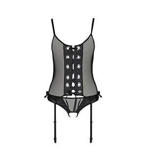 Корсет зі шнурівкою Passion NESSY CORSET black, стрінги з відкритим доступом, пажі для панчіх