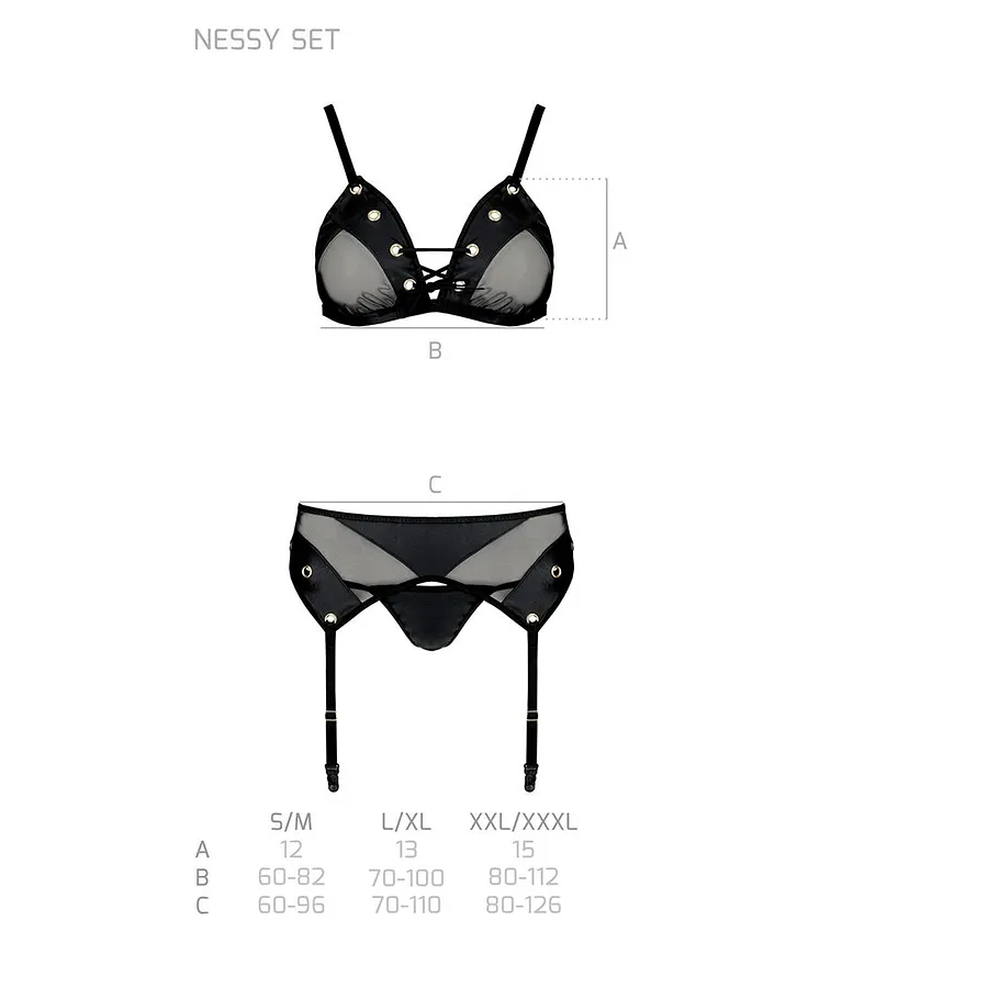 Комплект білизни Passion NESSY SET black, бюстгальтер, пояс для панчіх, стрінги