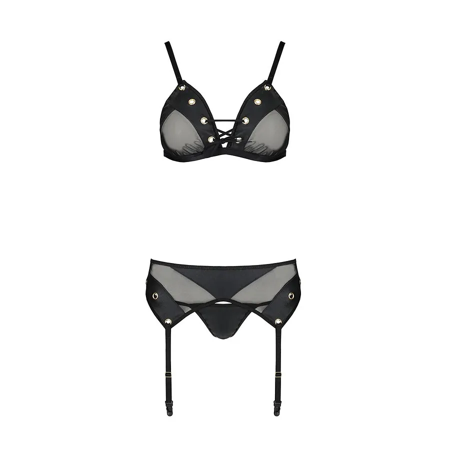 Комплект білизни Passion NESSY SET black, бюстгальтер, пояс для панчіх, стрінги