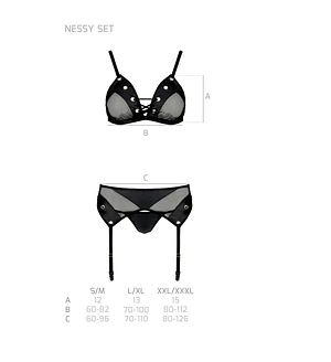 Комплект білизни Passion NESSY SET black, бюстгальтер, пояс для панчіх, стрінги