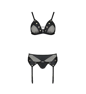 Комплект білизни Passion NESSY SET black, бюстгальтер, пояс для панчіх, стрінги