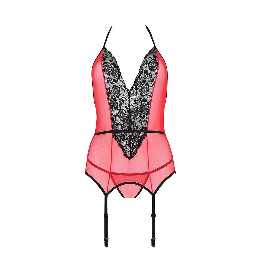 Корсет з пажами для панчіх Passion PEONIA CORSET red, стрінги