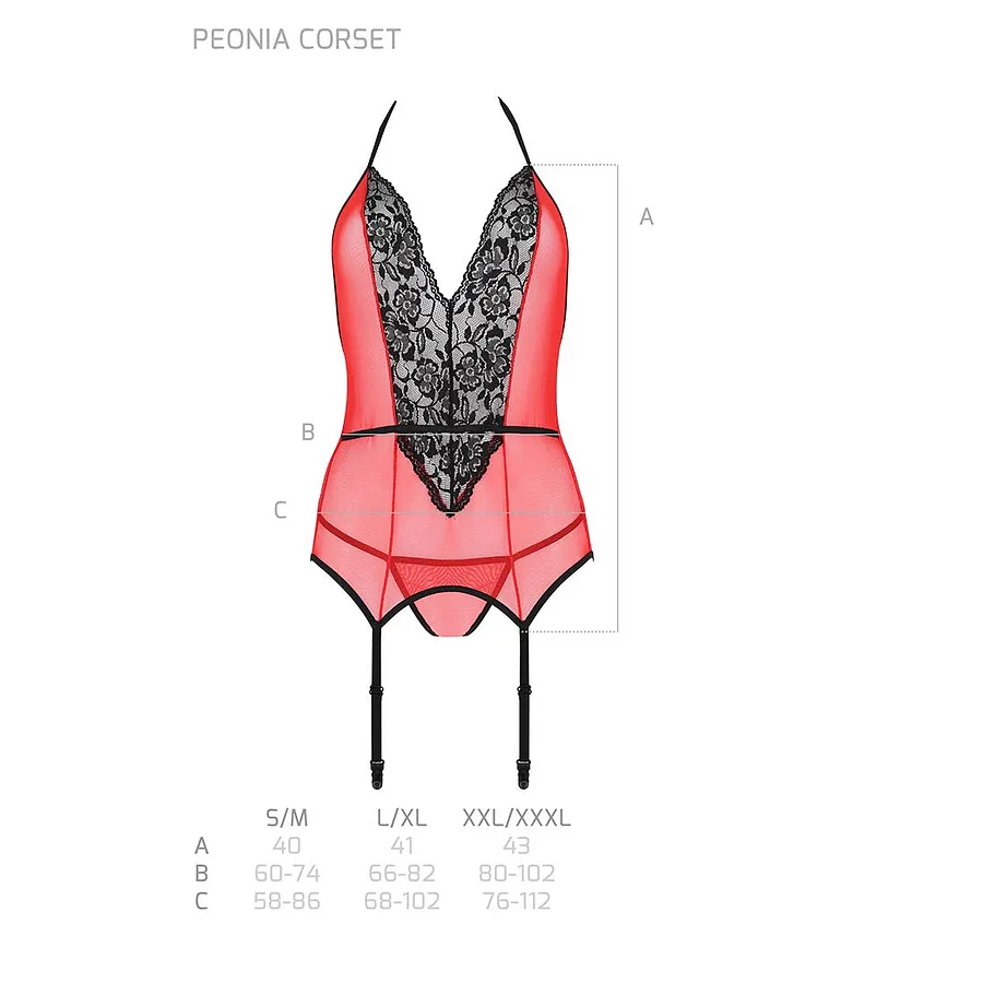 Корсет з пажами для панчіх Passion PEONIA CORSET red, стрінги
