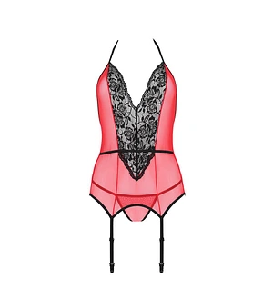 Корсет з пажами для панчіх Passion PEONIA CORSET red, стрінги
