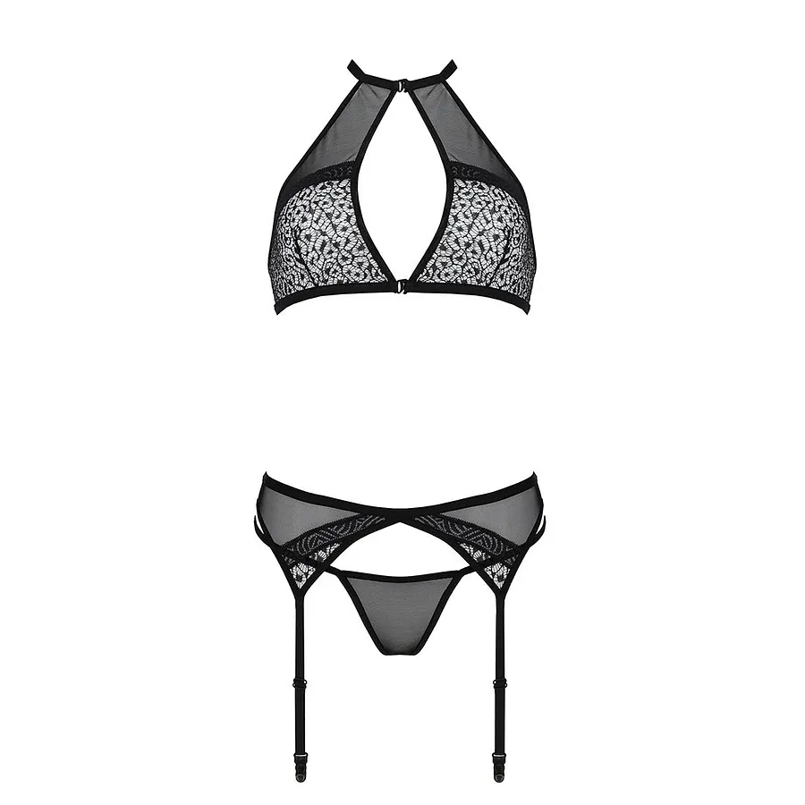 Комплект білизни Passion SATARA SET black, топ, пояс для панчіх, стрінги